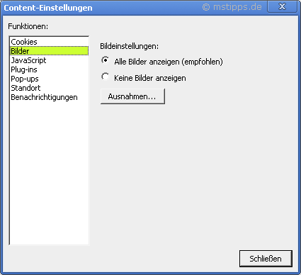 Chrome-Iron Optionen Details Content-Einstellungen Bilder