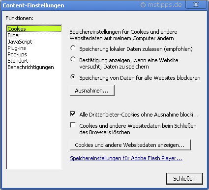 Chrome-Iron Optionen Details Content-Einstellungen Cookies