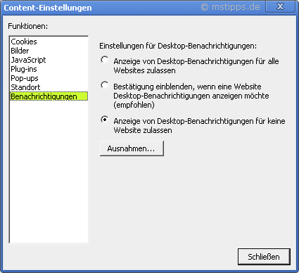 Chrome-Iron Optionen Details Content-Einstellungen Desktop Benachrichtigung