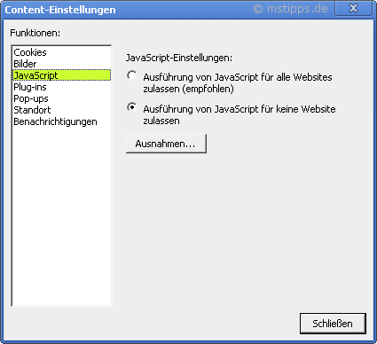 Chrome-Iron Optionen Details Content-Einstellungen Java-Script