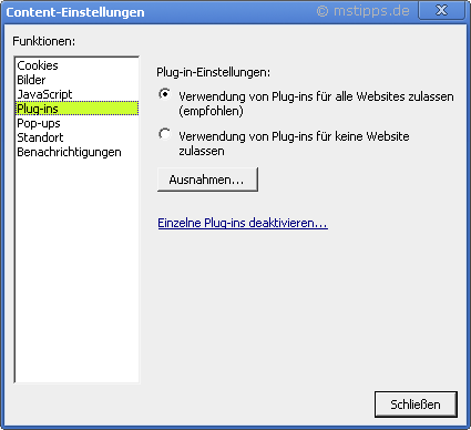 Chrome-Iron Optionen Details Content-Einstellungen Plugins