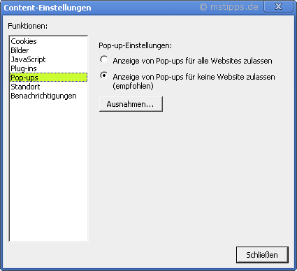 Chrome-Iron Optionen Details Content-Einstellungen Popups