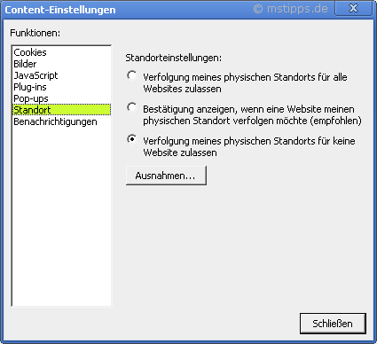 Chrome-Iron Optionen Details Content-Einstellungen Standort Bestimmung