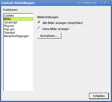 Chromeplus Optionen Details Content-Einstellungen Bilder