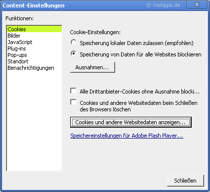 Chromeplus Optionen Details Content-Einstellungen Cookies