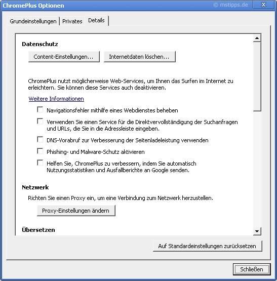 Chromeplus Optionen Details