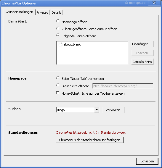 Chromeplus Optionen Grundeinstellungen