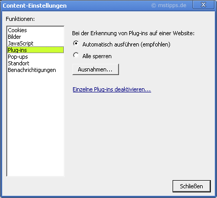 Chromeplus Optionen Details Content-Einstellungen Plugins