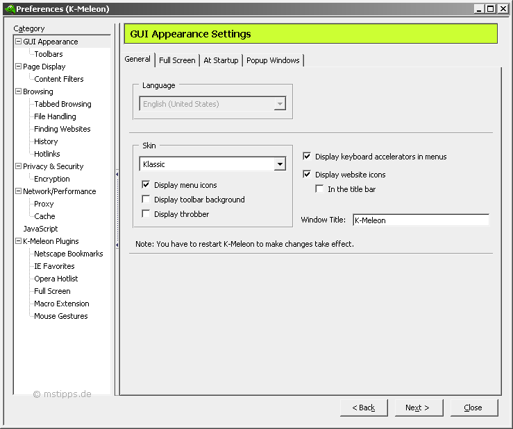 K-Meleon GUI Einstellungen