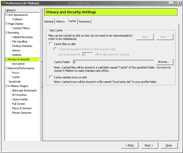 K-Meleon Sicherheit beim Surfen - Cache abschalten
