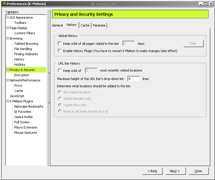 K-Meleon Sicherheit beim Surfen - History abschalten