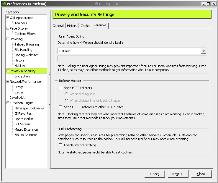 K-Meleon Sicherheit beim Surfen - User Agent, HTTP Referer, Link Prefetching