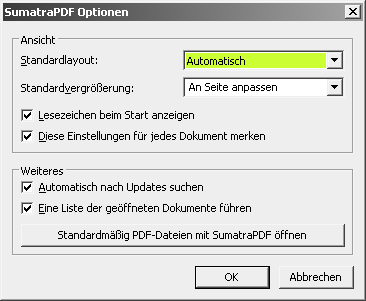 SumatraPDF Einstellungen