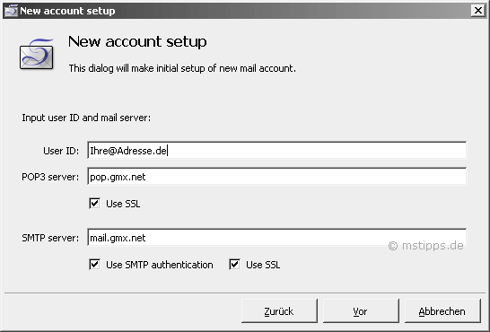 Sylpheed Benutzer ID POP3 und SMTP Server